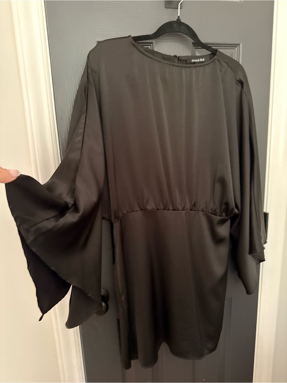 Strut & Bolt | Women’s Black Satin Mini Dress with Flutter Sleeves